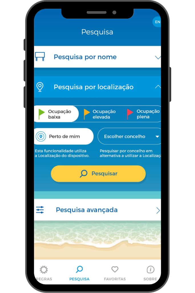 imagem de ecrã de telemóvel com pesquisa Info Praia